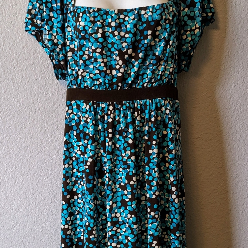 Dress Turquoise Black White Dots Sheath Square Neck Sz. XL - Picture 9 of 11